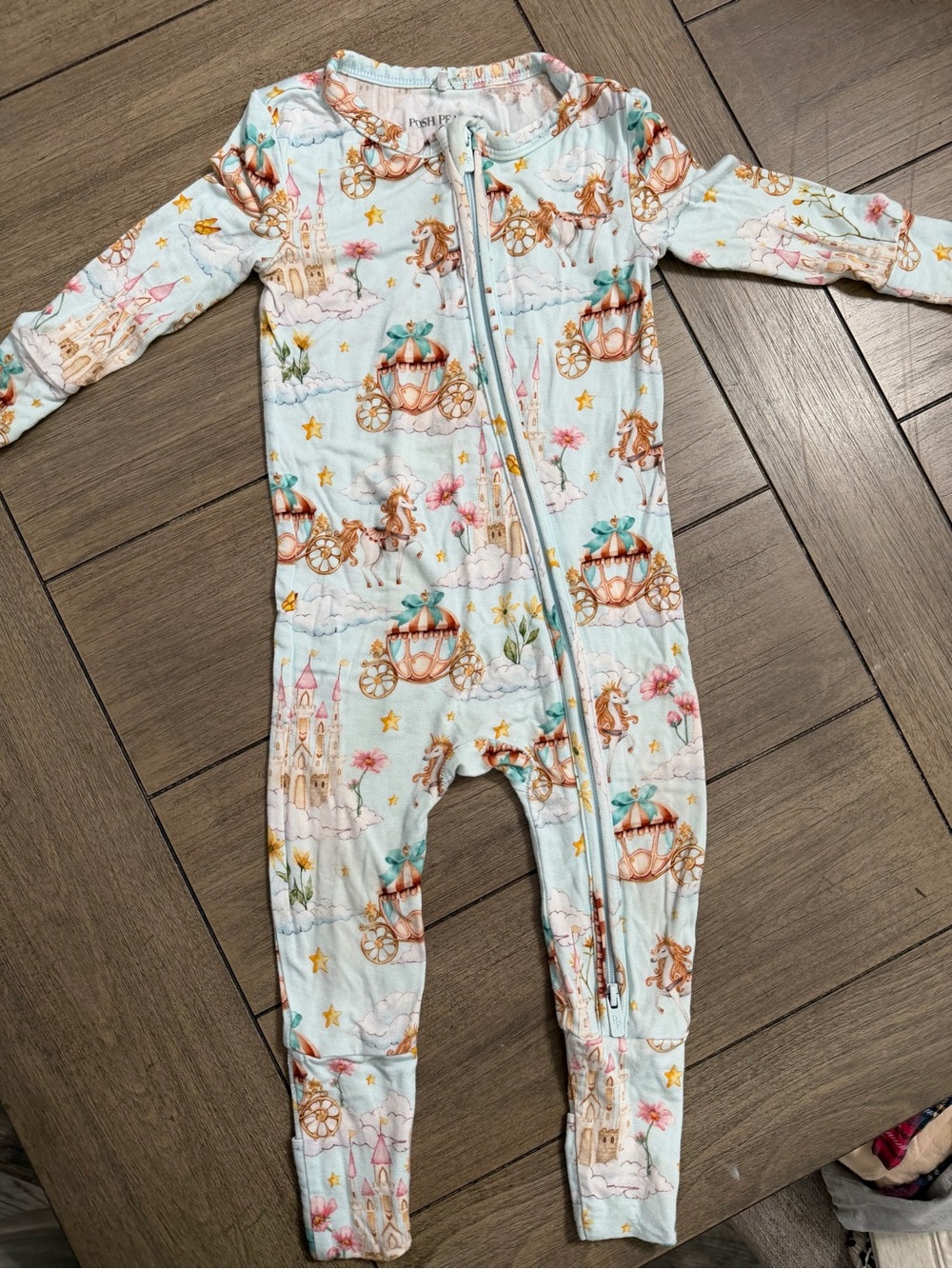 posh peanut Girls' Light Blue Princess Carriage One-Piece Pajamas